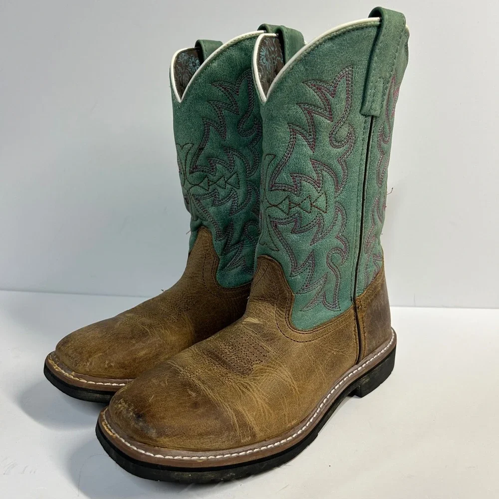Dan Post Cowboy Boots Brown Teal Youth Size 4 D Square Toe Western DPC3937